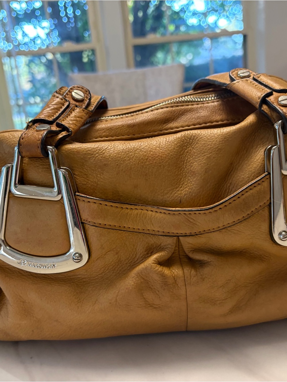 b. makowsky caramel leather shoulder bag with silver hardware